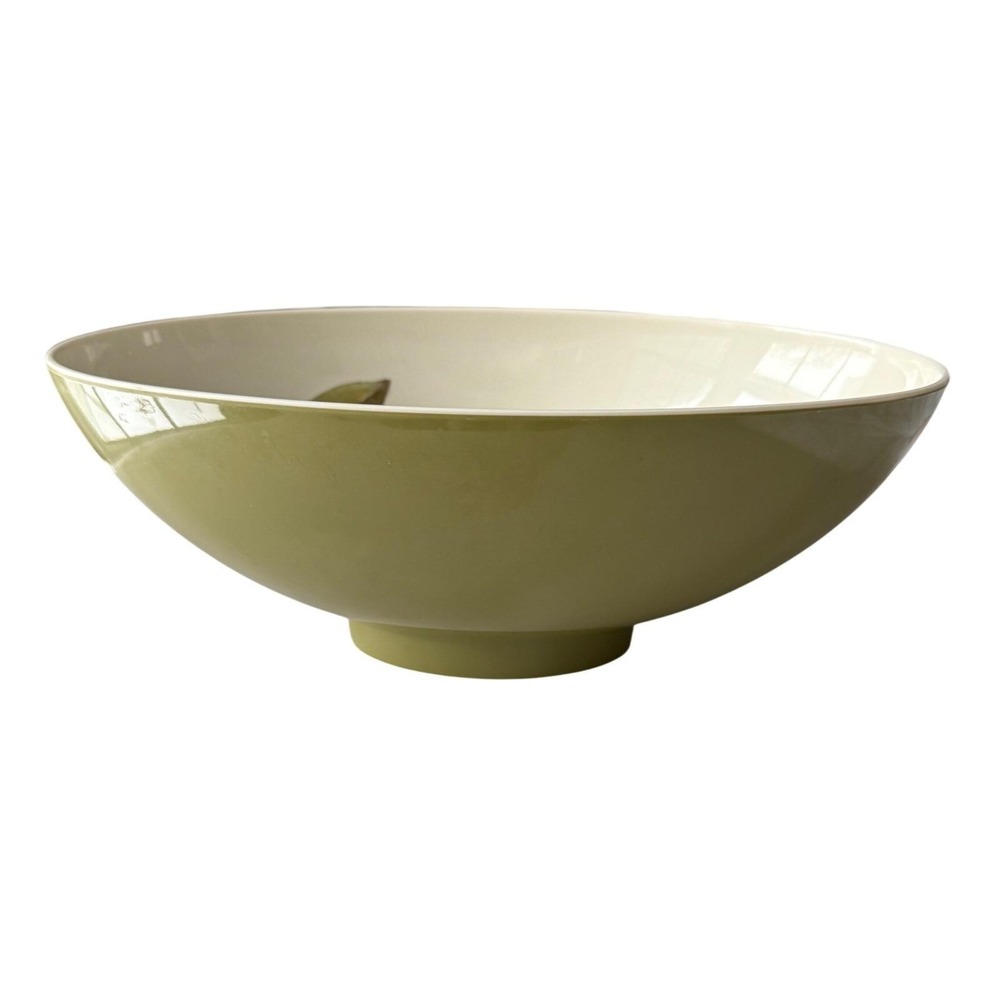 Vintage 70s Avocado Green Melamine Pedestal‎ Bowl — Olive Branch Oval Melmac - Picture 4 of 9